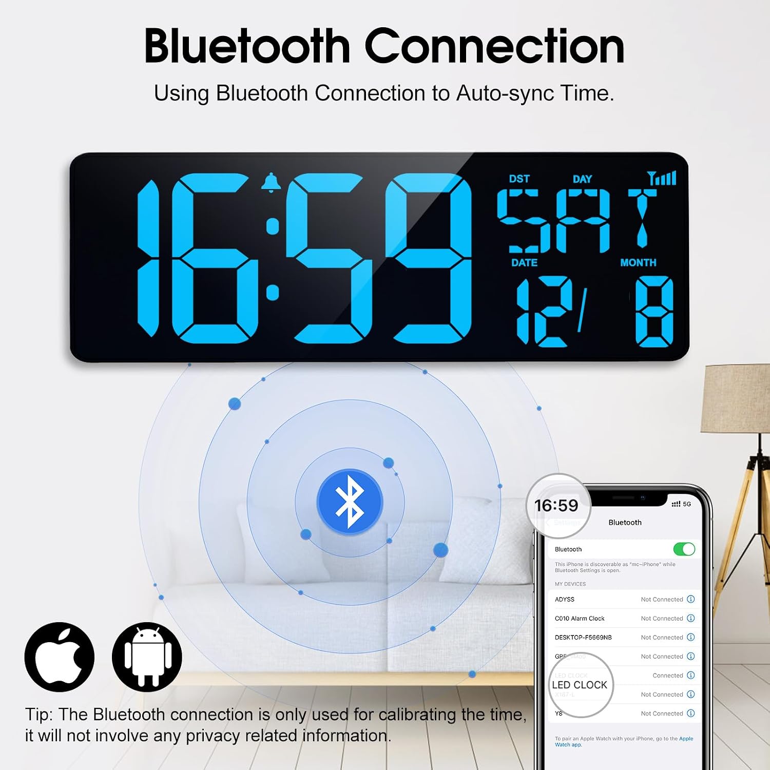 Thumbnail 1 de XREXS 17 Inch Digital Wall Clock with Bluetooth auto-sync, auto-dimming and time/date/temperature display