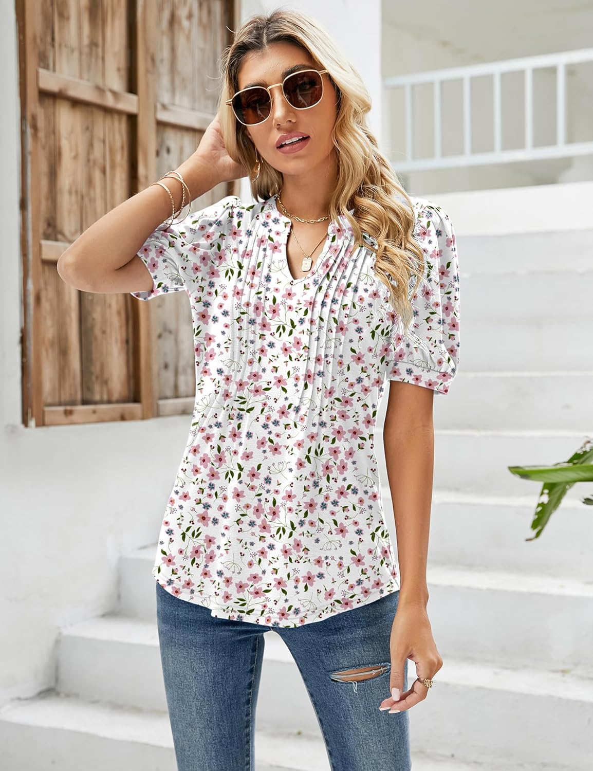 Thumbnail 1 de EFFAN Women's V-Neck Puff Sleeve Floral Pleated Tunic Top