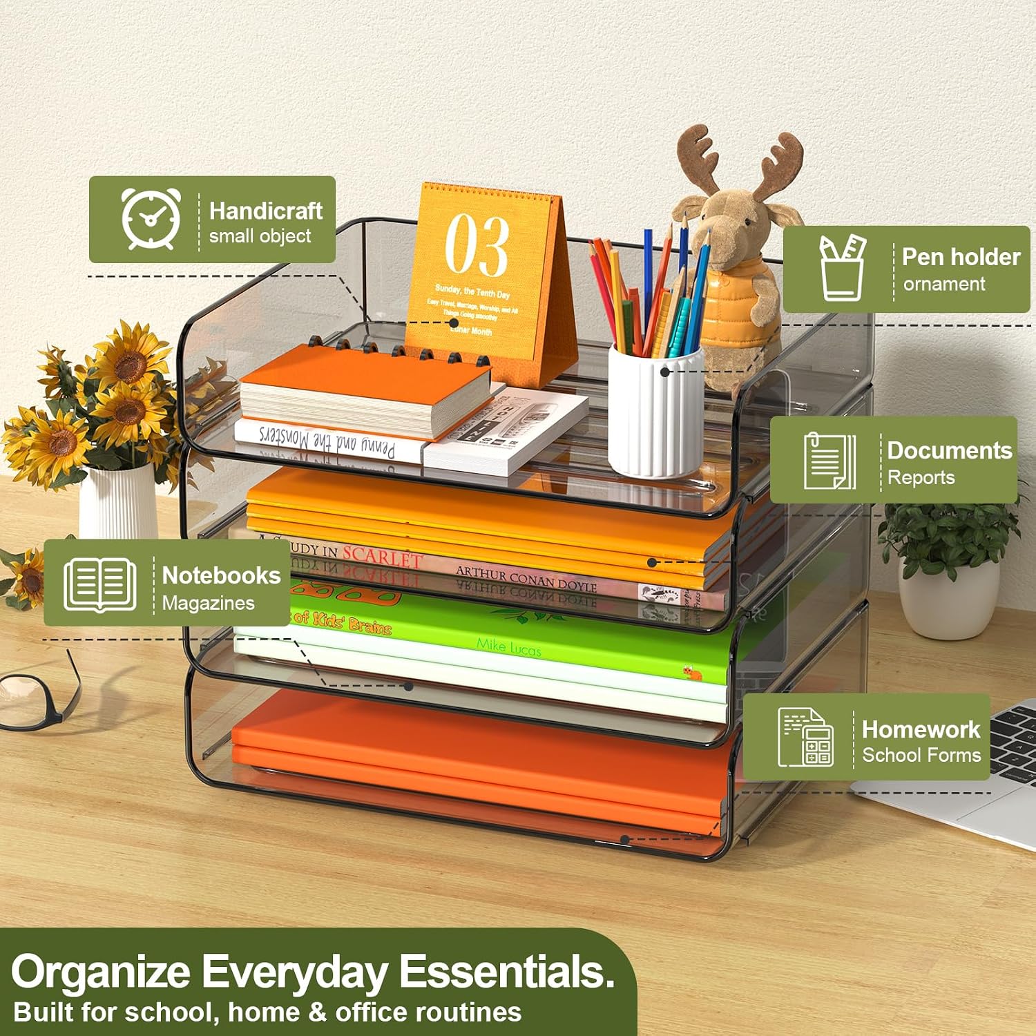 Thumbnail 1 de FANXIYQ 4-Tier Acrylic Paper Tray Organizer, Brown, Stackable and Tool-Free