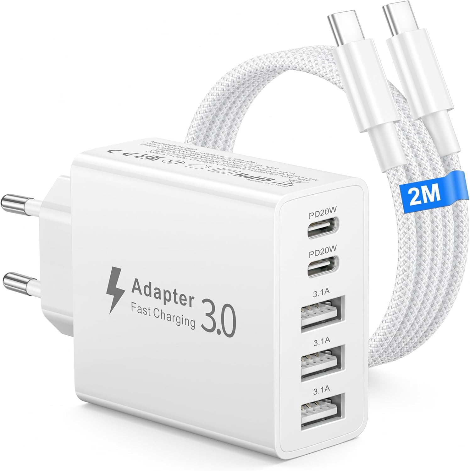 Detalle de Chargeur USB‑C 50W à 5 ports – charge rapide PD/QC, adaptateur universel pour smartphones et tablettes