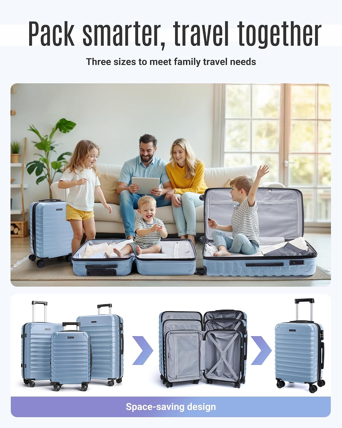 Thumbnail 1 de LIGHT FLIGHT 3-Piece Luggage Set: Durable ABS Hard Shell with 360° Wheels, TSA Lock, 20/24/28 Inch in Light Blue