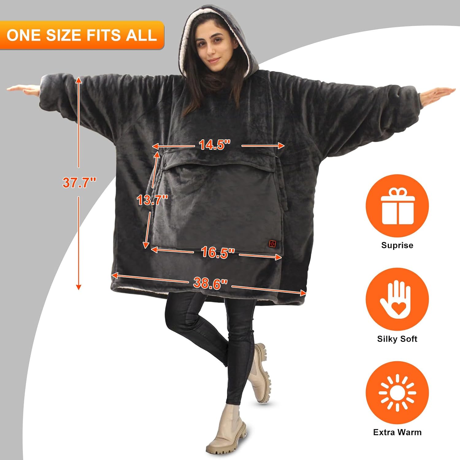 Detalle de Junbig Wearable Heated Blanket Hoodie with Sherpa Lining and 3 Heat Settings