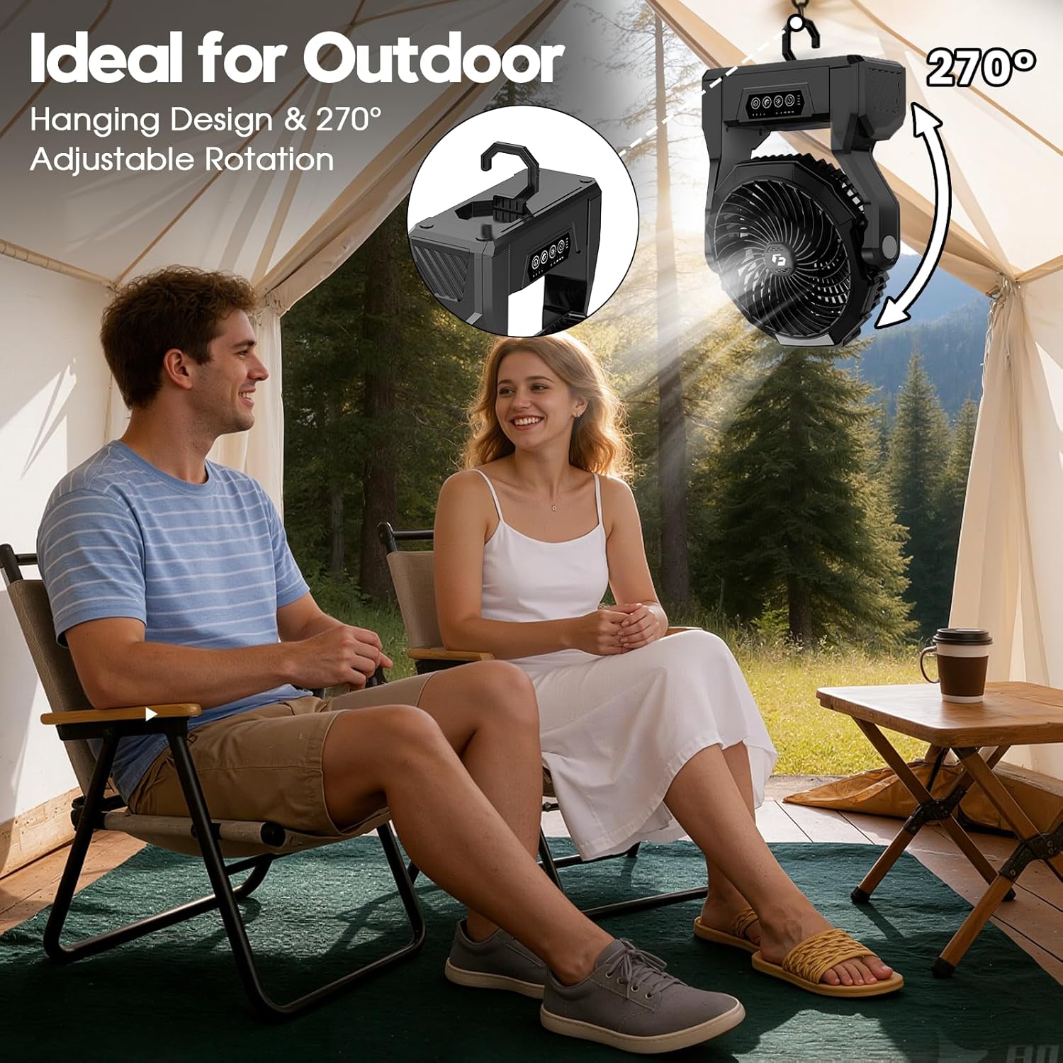 Detalle de XZK 24000mAh Rechargeable Camping Fan with LED Light — 64H Runtime, Portable Tent Fan