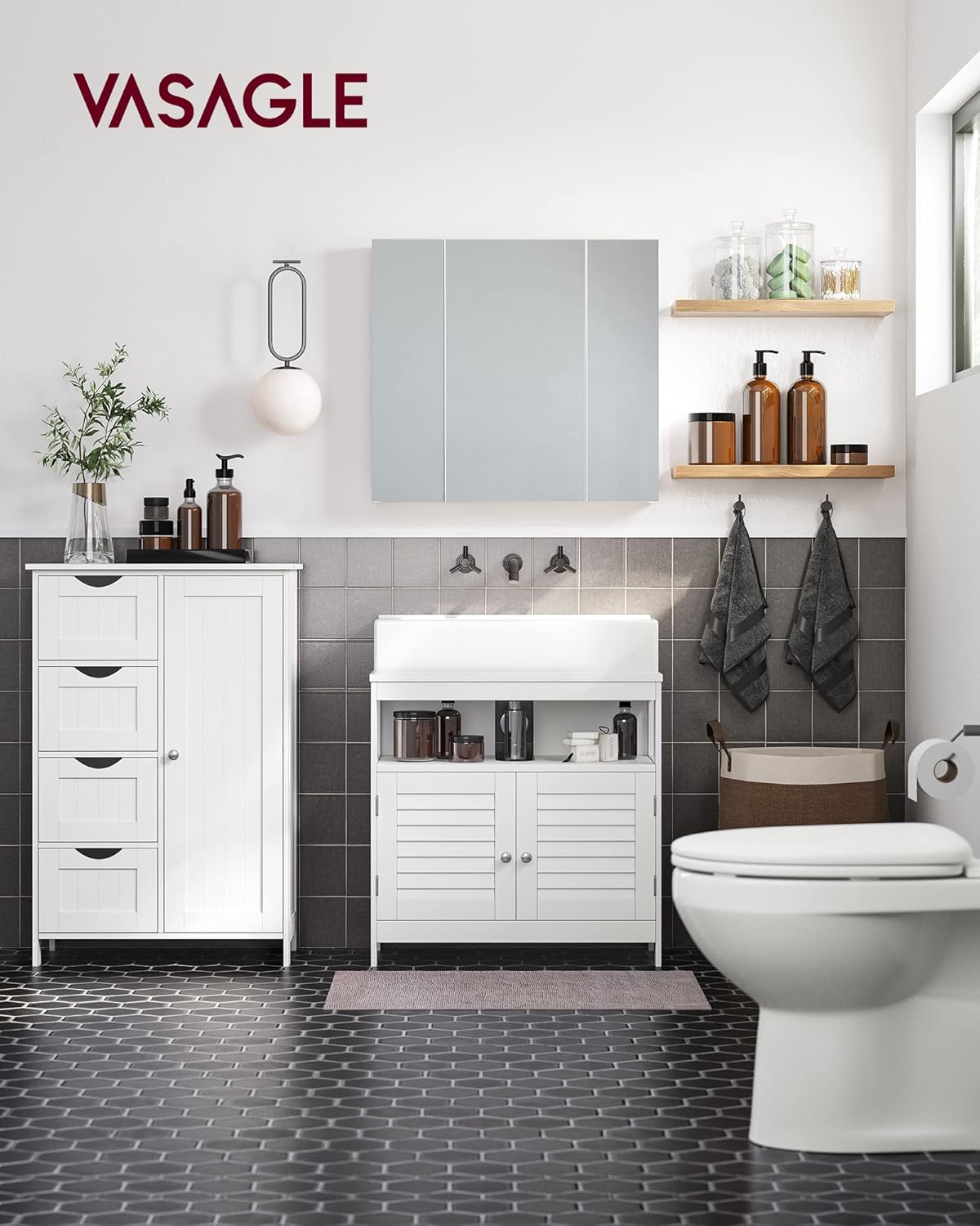 Detalle de VASAGLE Badezimmerschrank LHC41W mit 4 Schubladen, Tür & verstellbarer Ablage (30 x 55 x 82 cm) – schmaler Badschrank