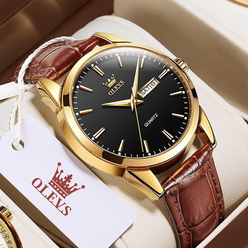 Detalle 2 de OLEVS Herrenarmbanduhr Braun/Schwarz Lederband, Quarz, Datum & Wochentag, Leuchtzeiger, 30 m Wasserdicht – elegantes Geschenk