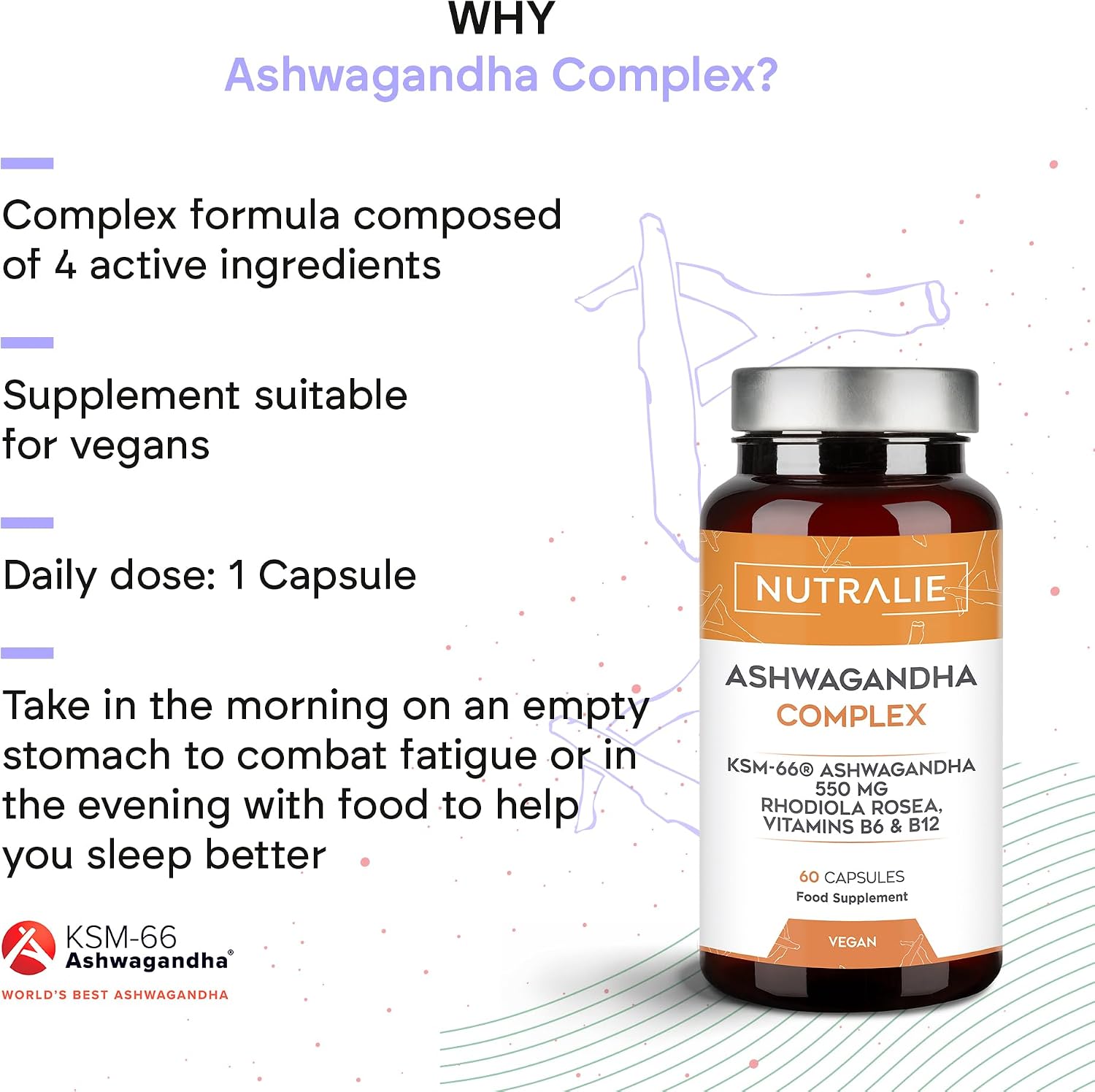 Detalle de Nutralie Ashwagandha KSM-66 Complex Capsules, 550 mg with Rhodiola, B6 & B12