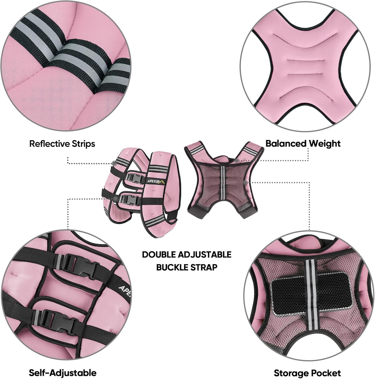 Detalle de APEXUP APEXUP-477 Weighted Vest, 20 lb, Pastel Pink with Reflective Stripes