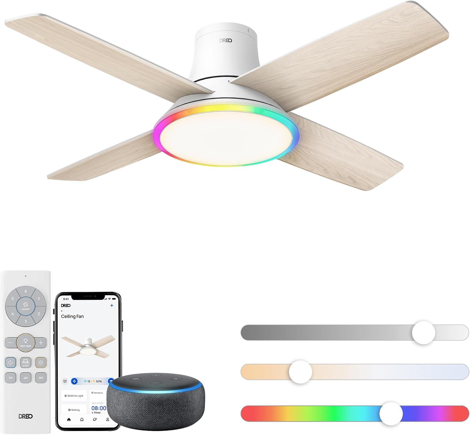 Detalle de Dreo 44 in Smart Flush Mount Ceiling Fan with Lights, 12 Speeds, Quiet DC Motor, Dimmable LED, Remote & App