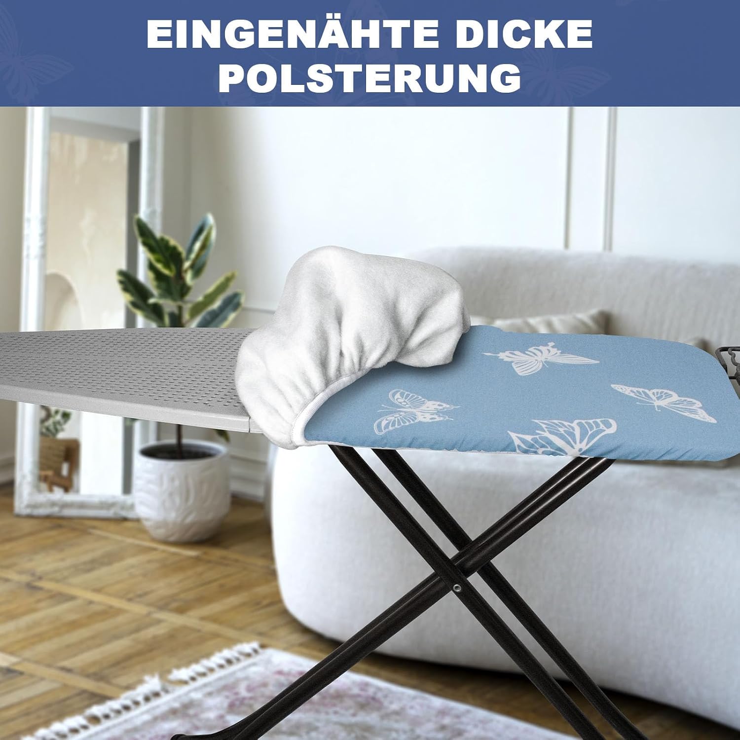 Detalle de Frilodge Bügelbrettbezug mit dicker Polsterung – passend für 120×40 bis 125×45 cm, Elastikband und Klettverschluss, Blau Butterfly