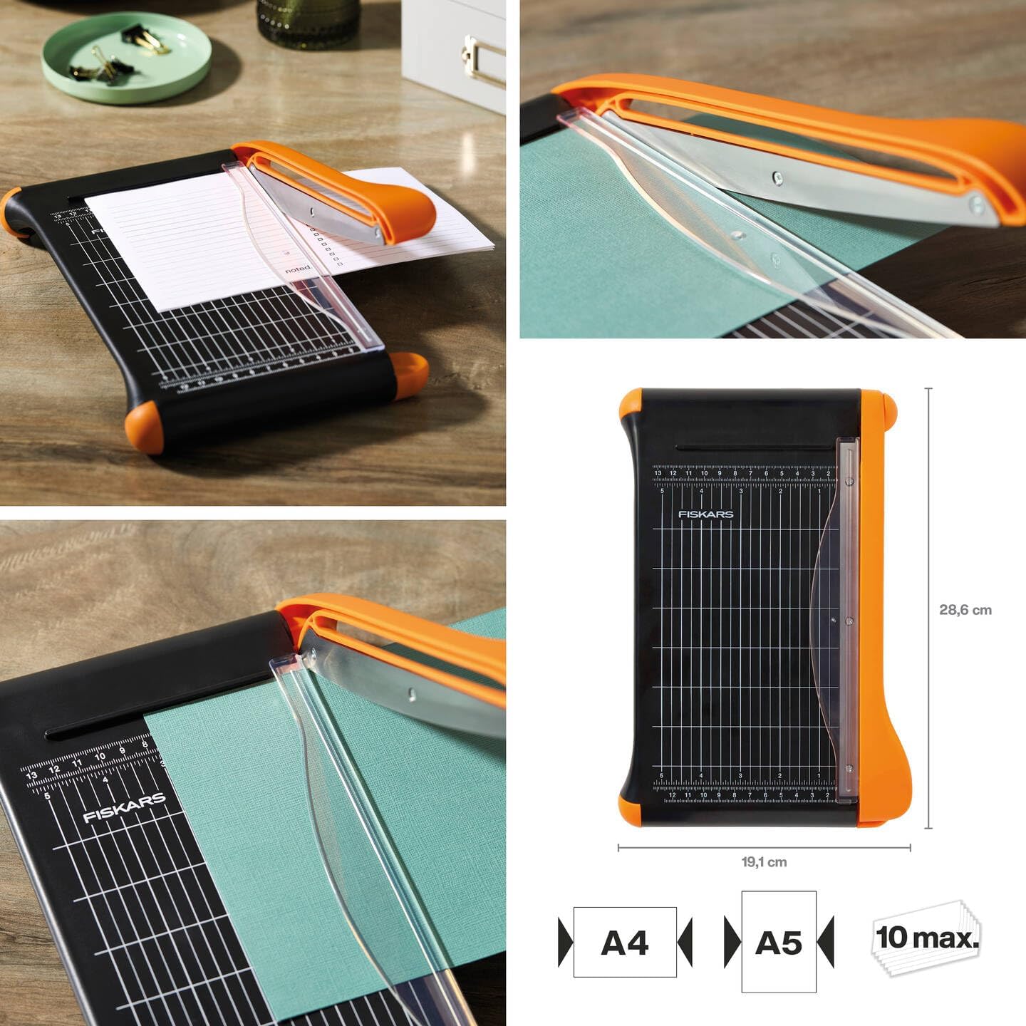 Detalle de Fiskars Guillotine Bypass – Format A5 vertical / A4 horizontal, lame auto-affûtante, protège-doigts, 30% recyclé (1077982)