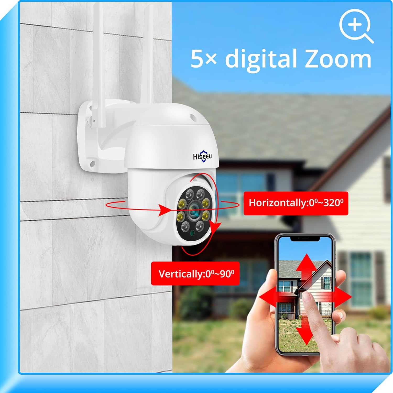 Detalle de Hiseeu 5MP 360° PTZ WiFi Esterno: sorveglianza avanzata con visione notturna a colori e rilevamento umano