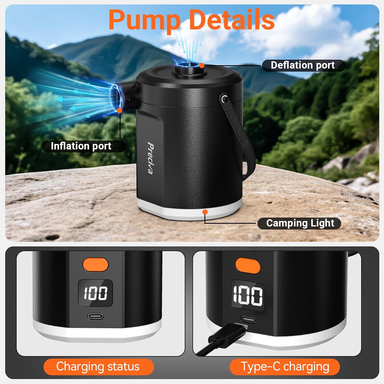Thumbnail 6 de Preciva Electric Air Pump with Light for Inflatables – Cordless 5000mAh Pump with 3 Nozzles