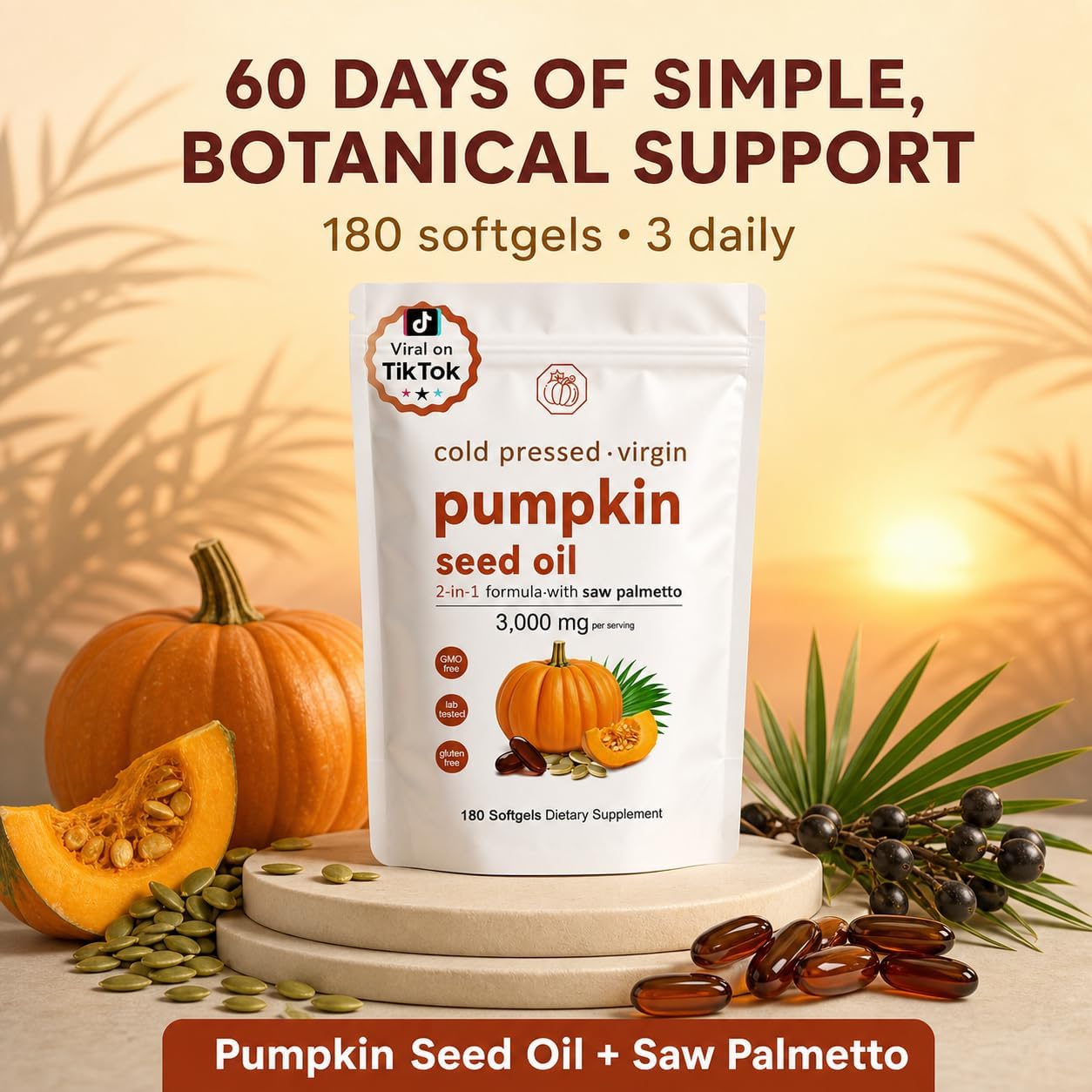 Detalle 1 de Generic Pumpkin Seed Oil Softgels with Saw Palmetto, 3,000 mg, 180 Count