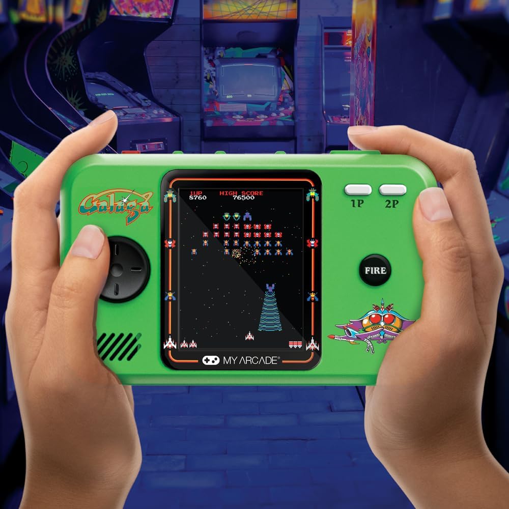 Detalle de MY ARCADE Pocket Player Galaga – przenośna konsola retro z etui i osłoną ekranu