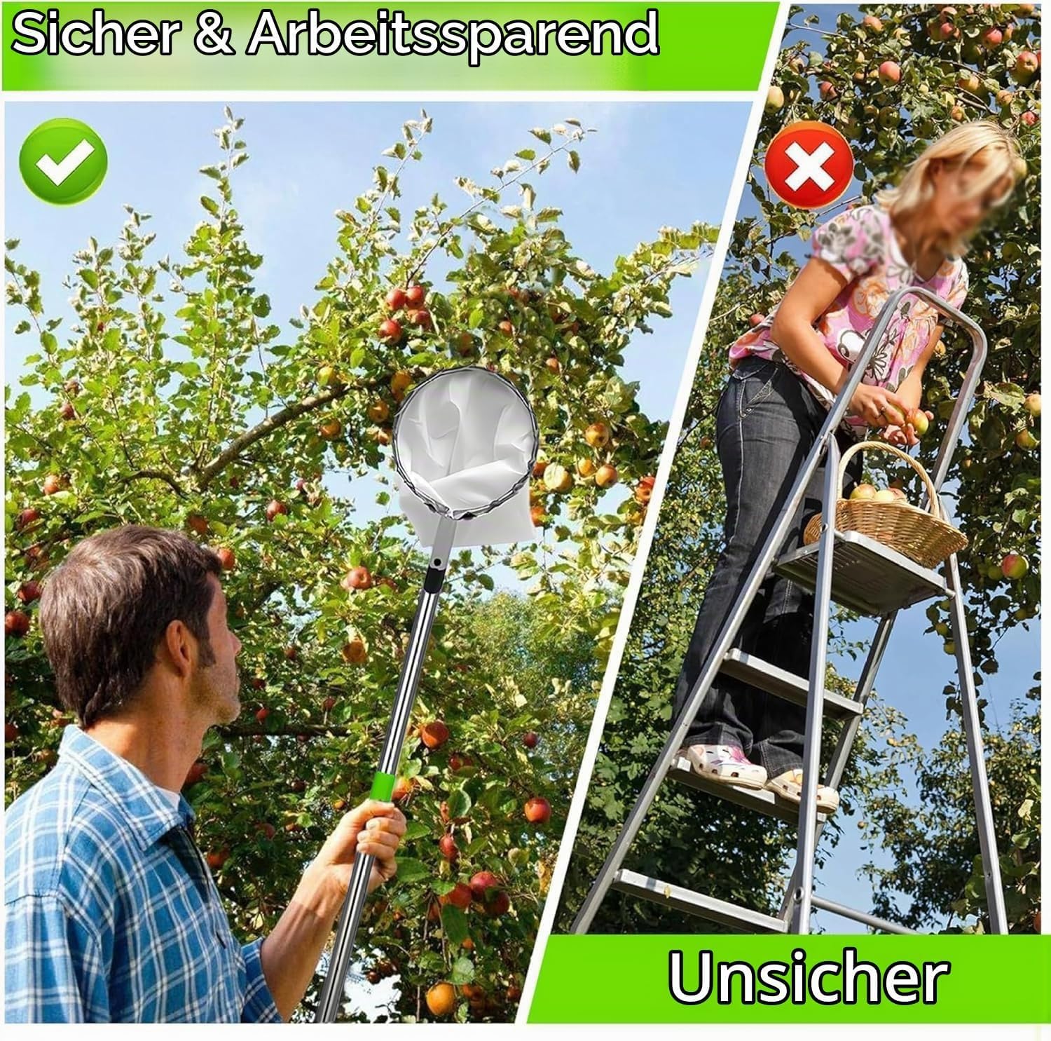 Detalle 1 de HuaMuDM HuaMuDM02 fruitplukker, 340 cm, roestvrijstalen steel met opvangzak