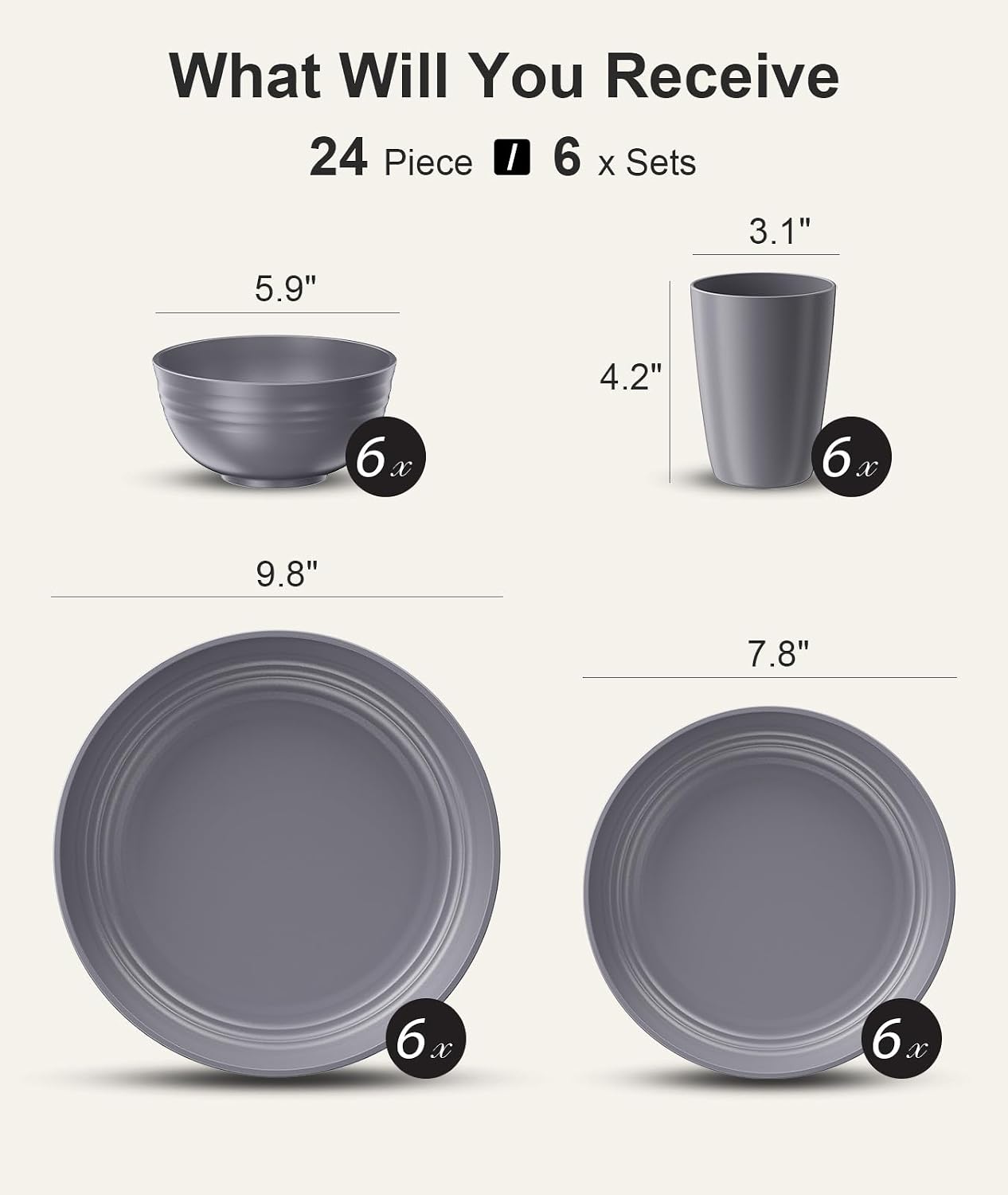 Detalle de Quatish 24 Piece Dinnerware Set for 6: Unbreakable, Dishwasher & Microwave Safe Plastic Plates and Bowls