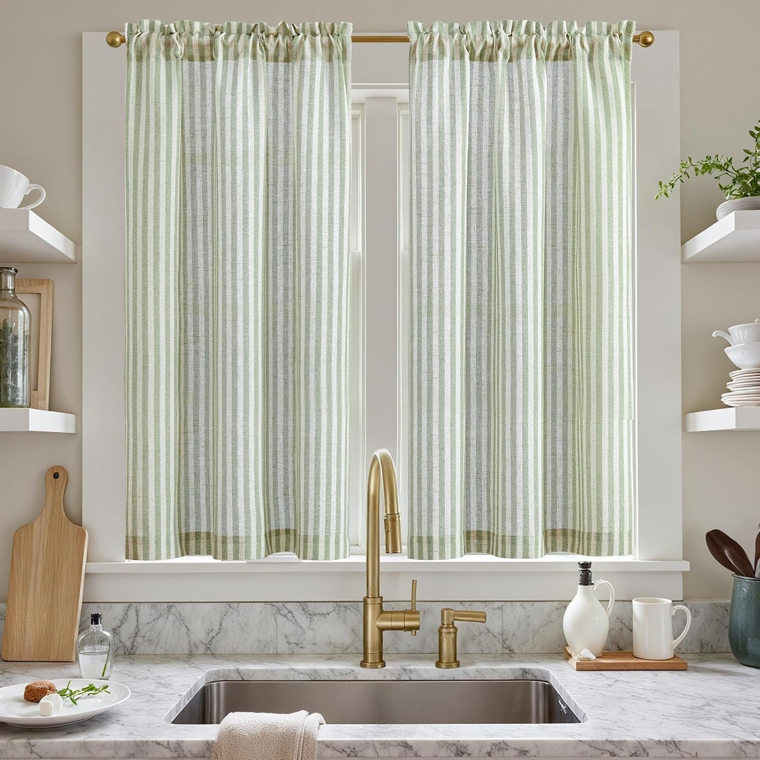 Detalle de TOPICK Rideaux de Cuisine Court Brise Bise Vert sur Beige 65 x 90 cm — Lot de 2, translucides avec passe-tringle