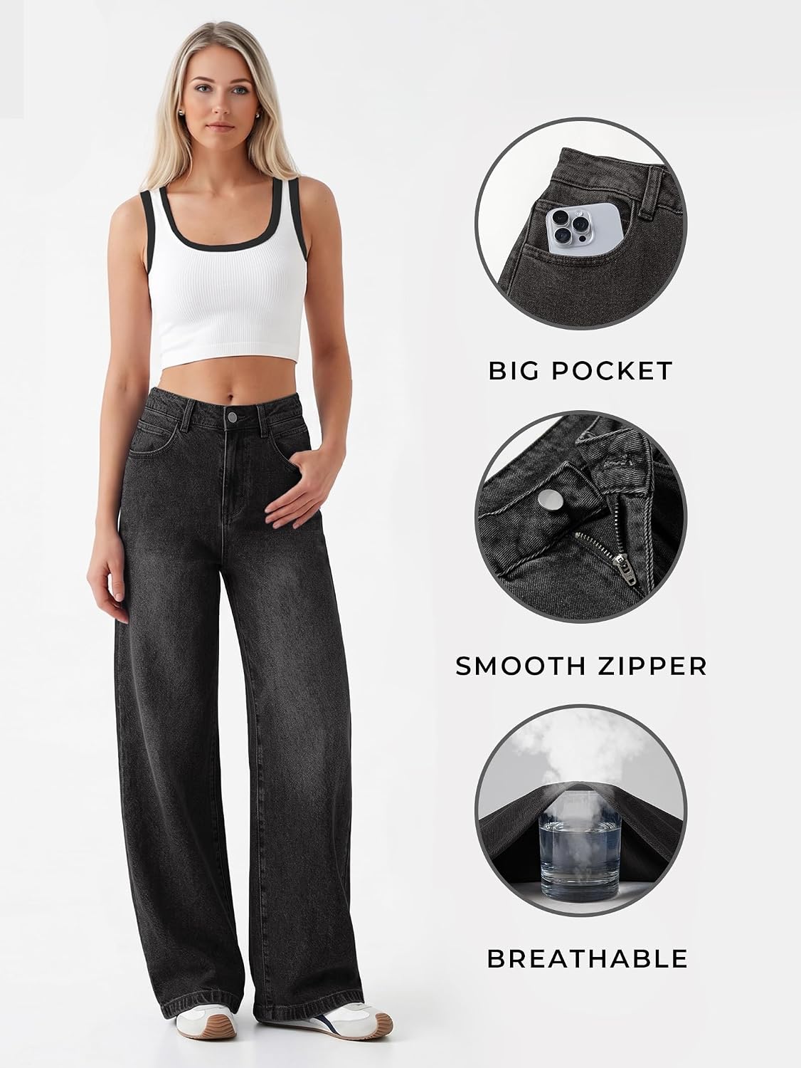 Thumbnail 6 de EMMIOL Women Baggy Jeans (Mid-Low Waist) Boyfriend Streetwear Vintage Wide-Leg Denim Pants
