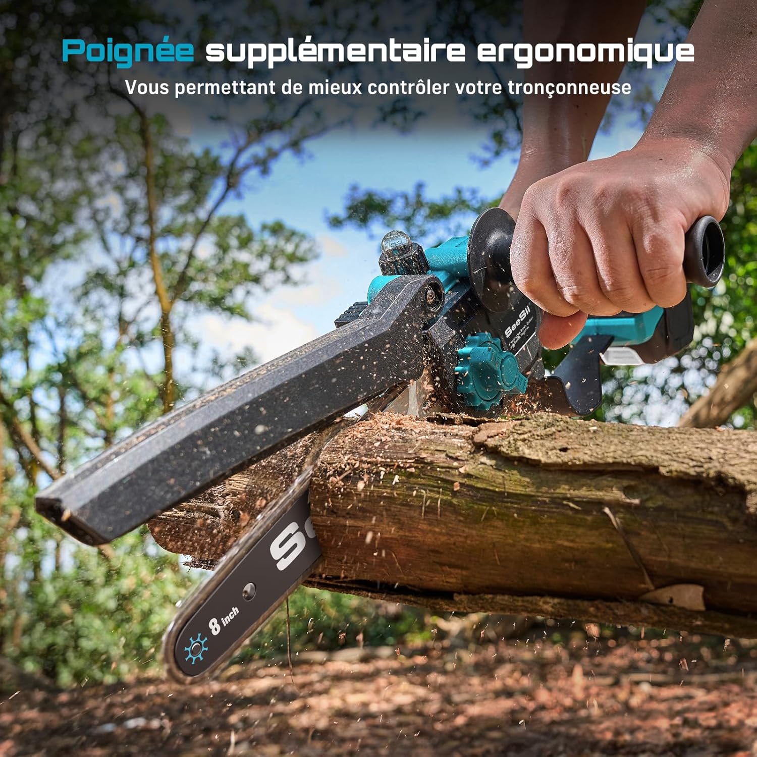 Detalle de SEESII PS810: Tronçonneuse et élagueuse sur perche 2-en-1, 8 pouces, 2 x 4000 mAh, portée 4,87 m