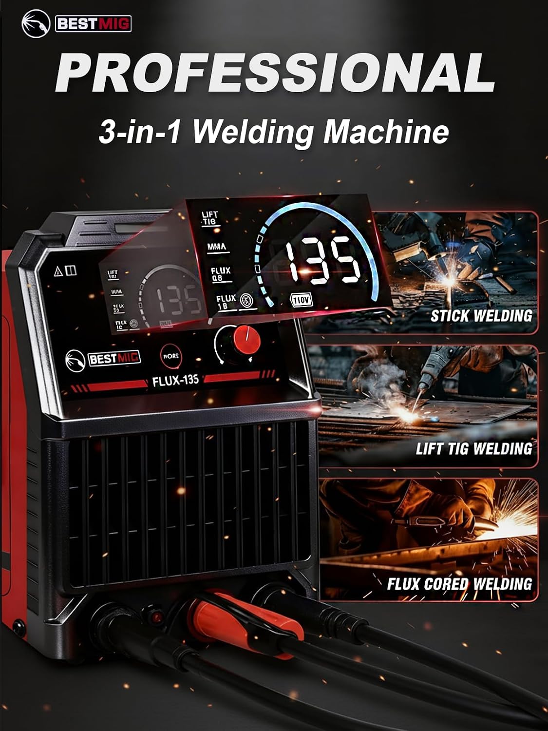 Detalle de BESTMIG 135A MIG Welder (3-in-1 Flux Core, Lift TIG, Stick) — 110V Portable IGBT Inverter w/ Helmet & Gloves