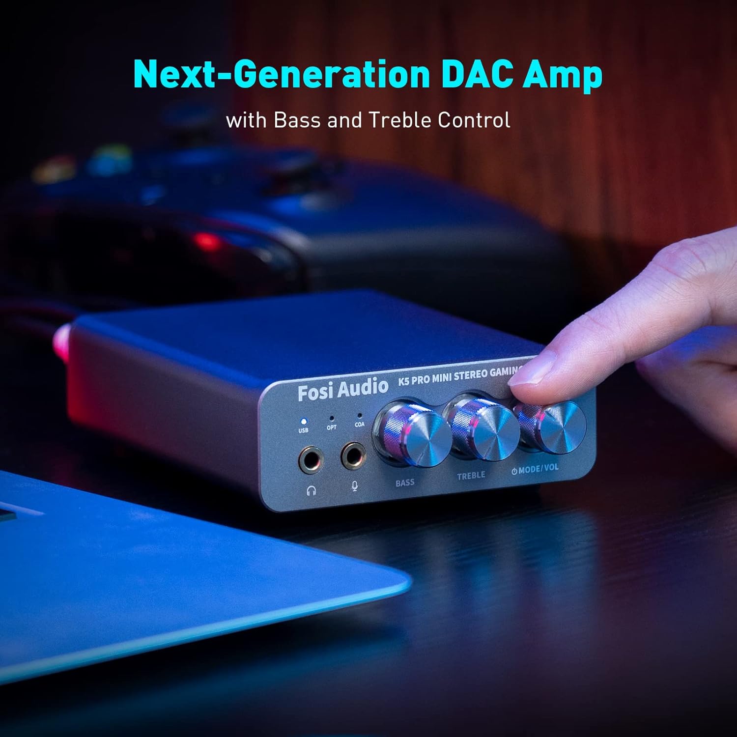Detalle 2 de Fosi Audio K5 Pro Gaming DAC Headphone Amplifier: Compact USB-C/Optical/Coaxial to RCA/3.5mm