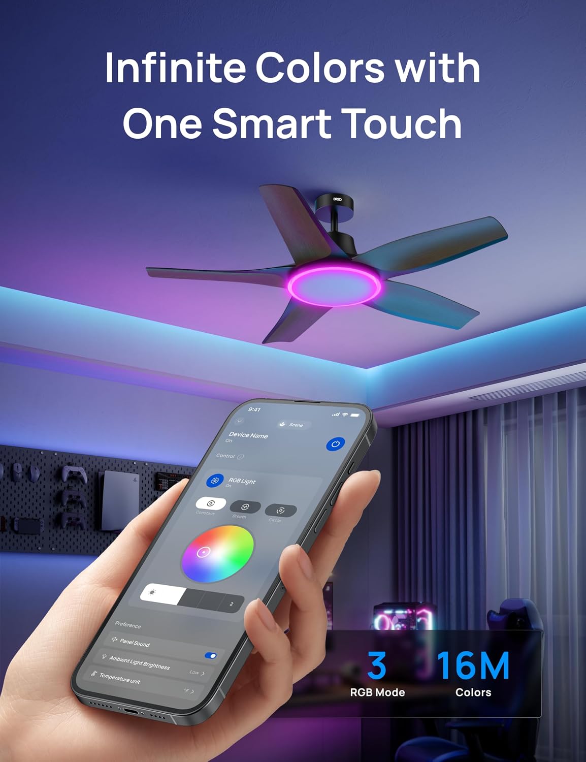 Detalle de DREO Smart Ceiling Fan with Lights (Low Profile, 52in) with Alexa/App Control, Dimmable RGB Ambiance, Black