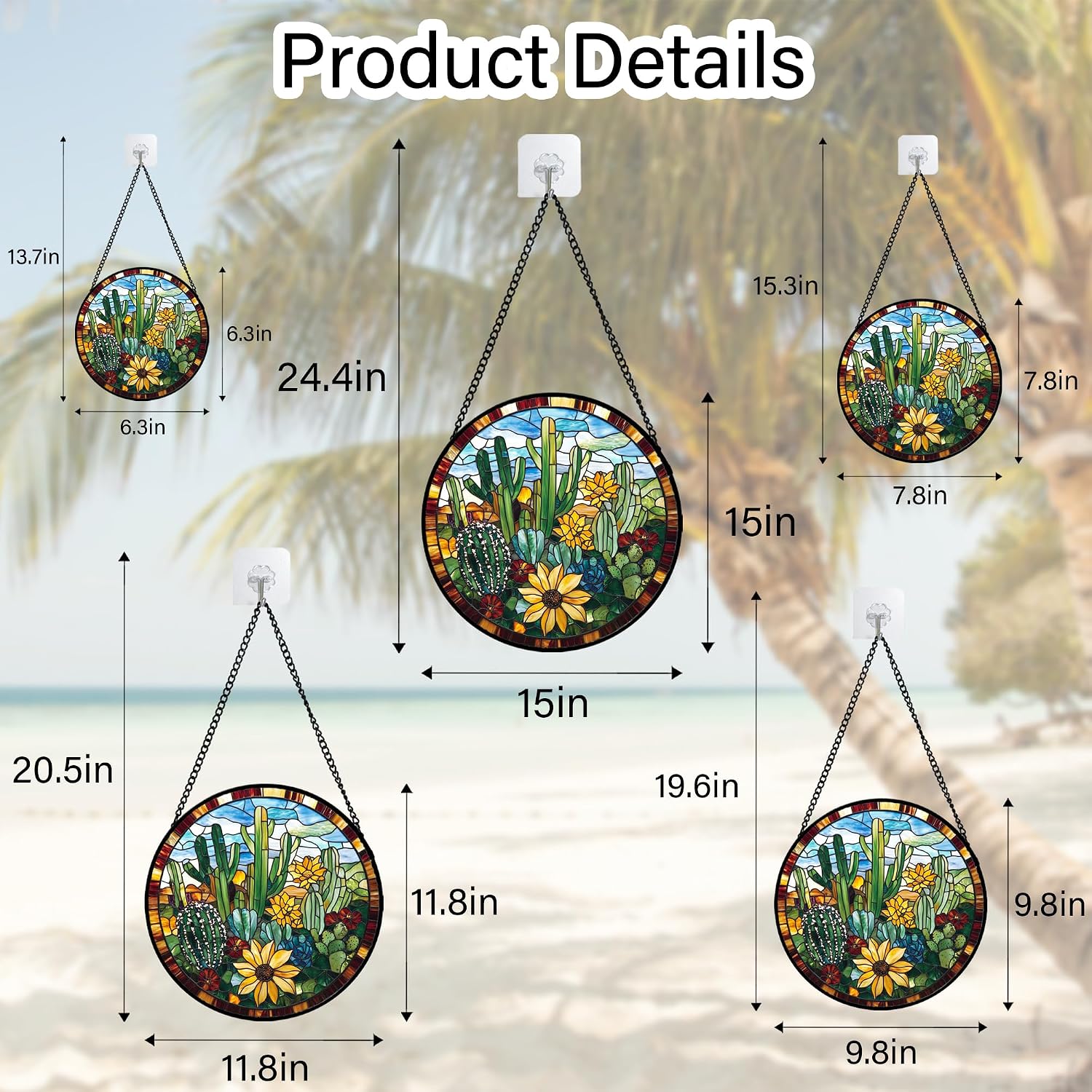 Detalle de QZQCBLC Stained Glass Cactus Suncatcher, Green with Yellow Flowers, 6.3-Inch