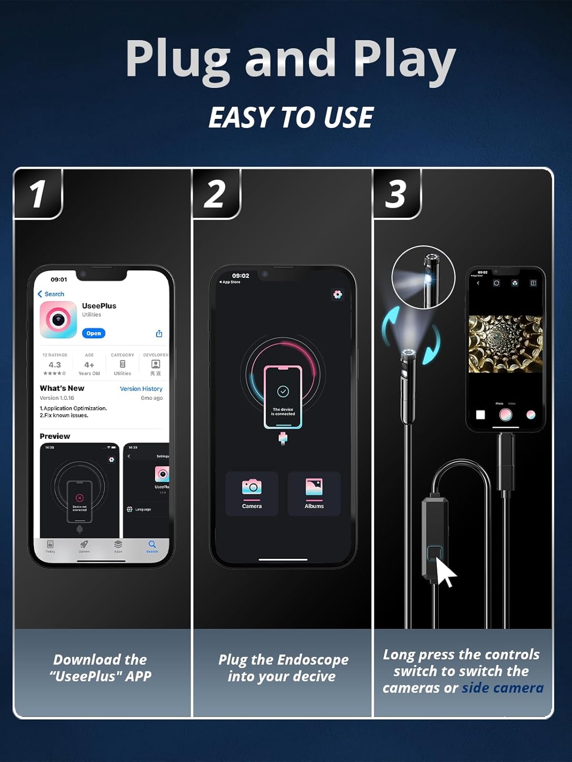 Detalle de Acoath Dual-Lens Endoscope Inspection Camera with Light (1920P) and 3m Semi-Rigid Snake for Android & iOS