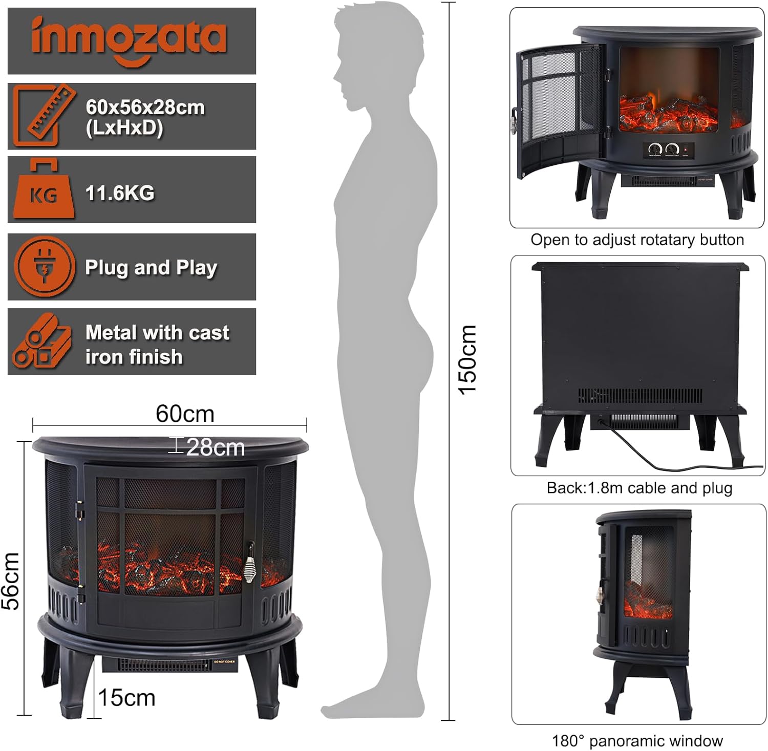 Thumbnail 1 de INMOZATA electric fire stove heater with LED log flame effect, adjustable thermostat and 1800W heating