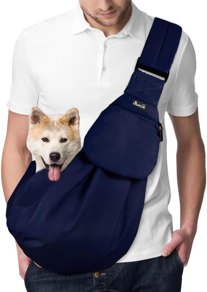 SlowTon Hundetragetasche Sling Carrier – dunkelblau, gepolsteter und verstellbarer Schultergurt (L, für 4,5–7,2 kg)