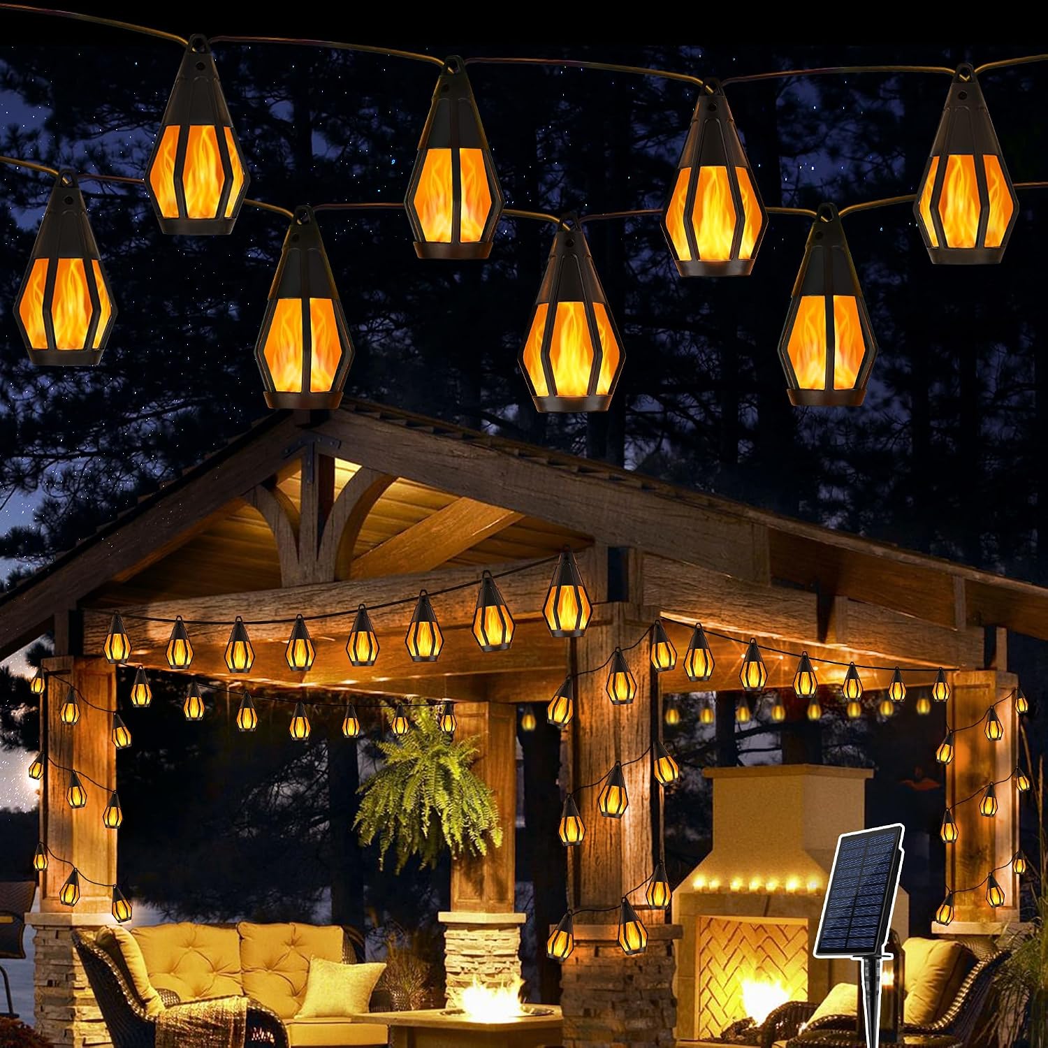 Detalle de Geemoo Solar-Lichterkette außen mit Flammen-Effekt (6,3 m, 10 Flammen-Bulbs, IP65)