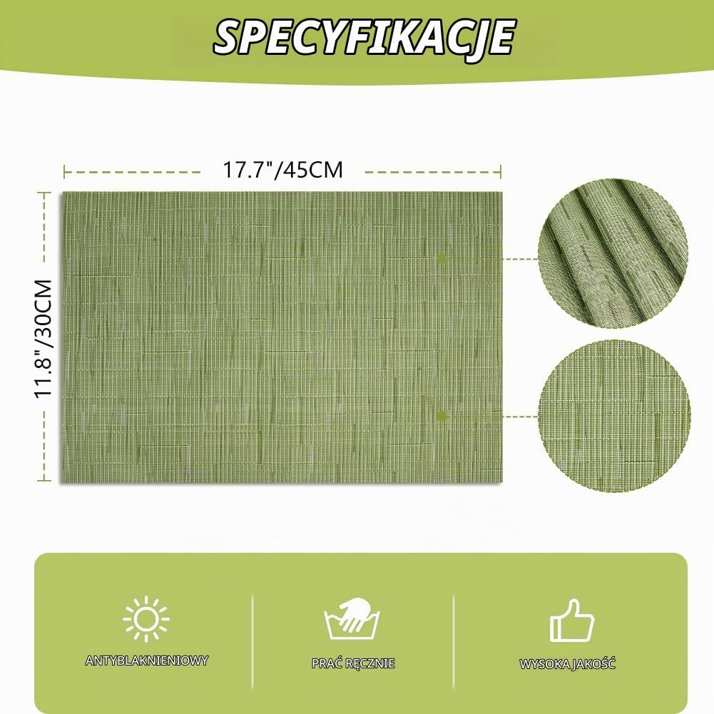 Detalle 2 de AUAUY M1-4141203 – podkładki stołowe z PVC, 6 szt., zielone, 30 × 45 cm
