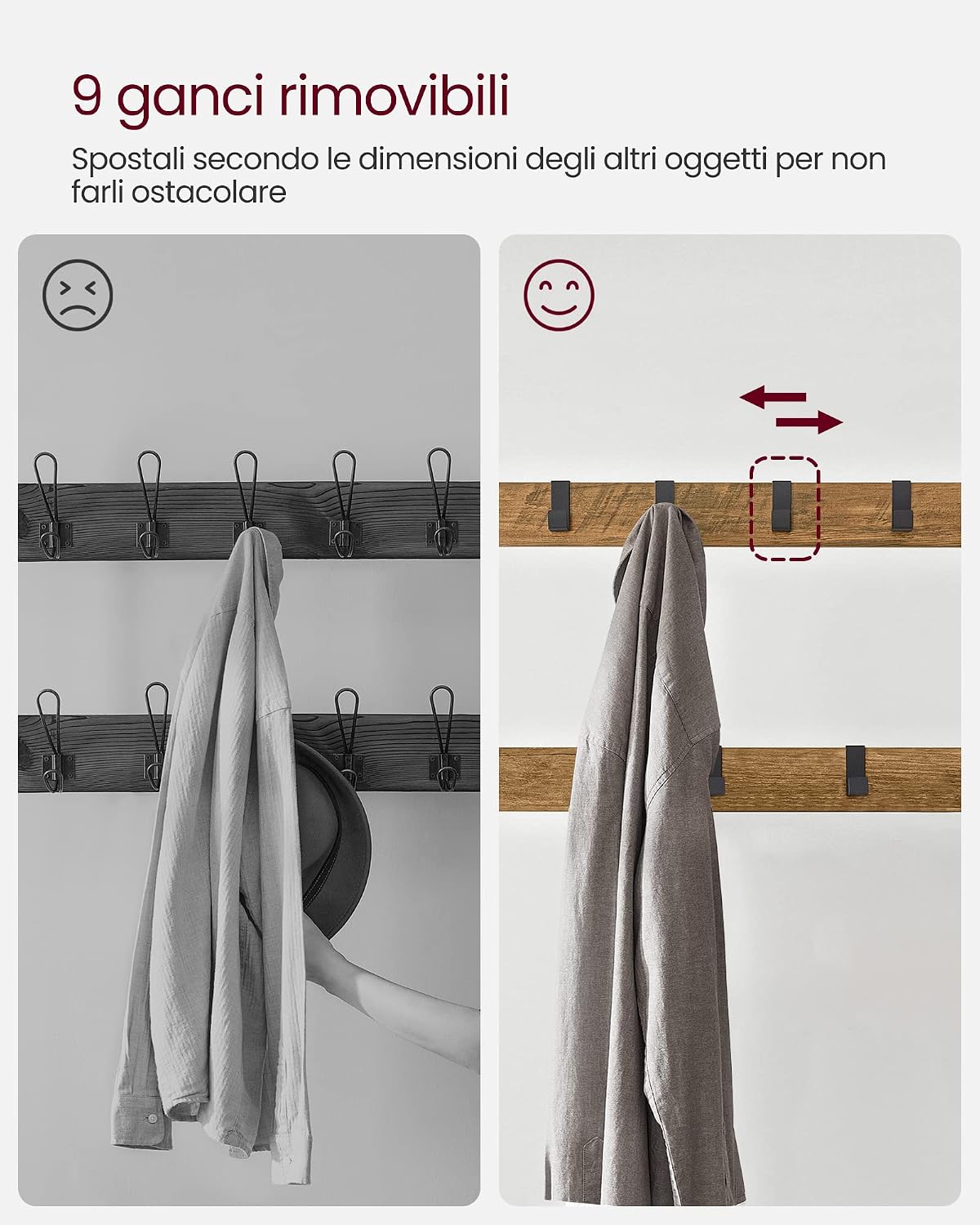 Detalle de VASAGLE Appendiabiti con scarpiera e panca HSR040B41, 4 in 1 per ingresso con 9 ganci rimovibili