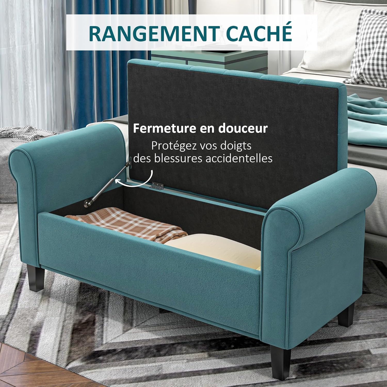 Thumbnail 3 de HOMCOM Banc de Rangement Bout de lit en velours vert avec accoudoirs et coffre – 126 x 48,5 x 57 cm