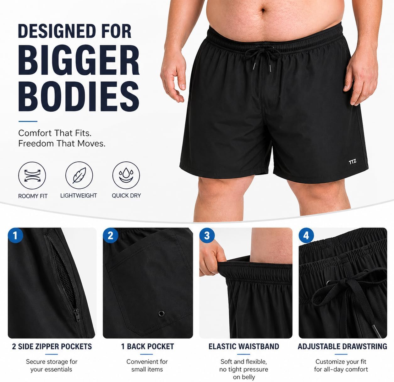 Detalle 2 de TTZ Mens Big and Tall Swim Trunks 9-Inch Inseam, Quick-Dry with Zipper Pockets (2X–6X)