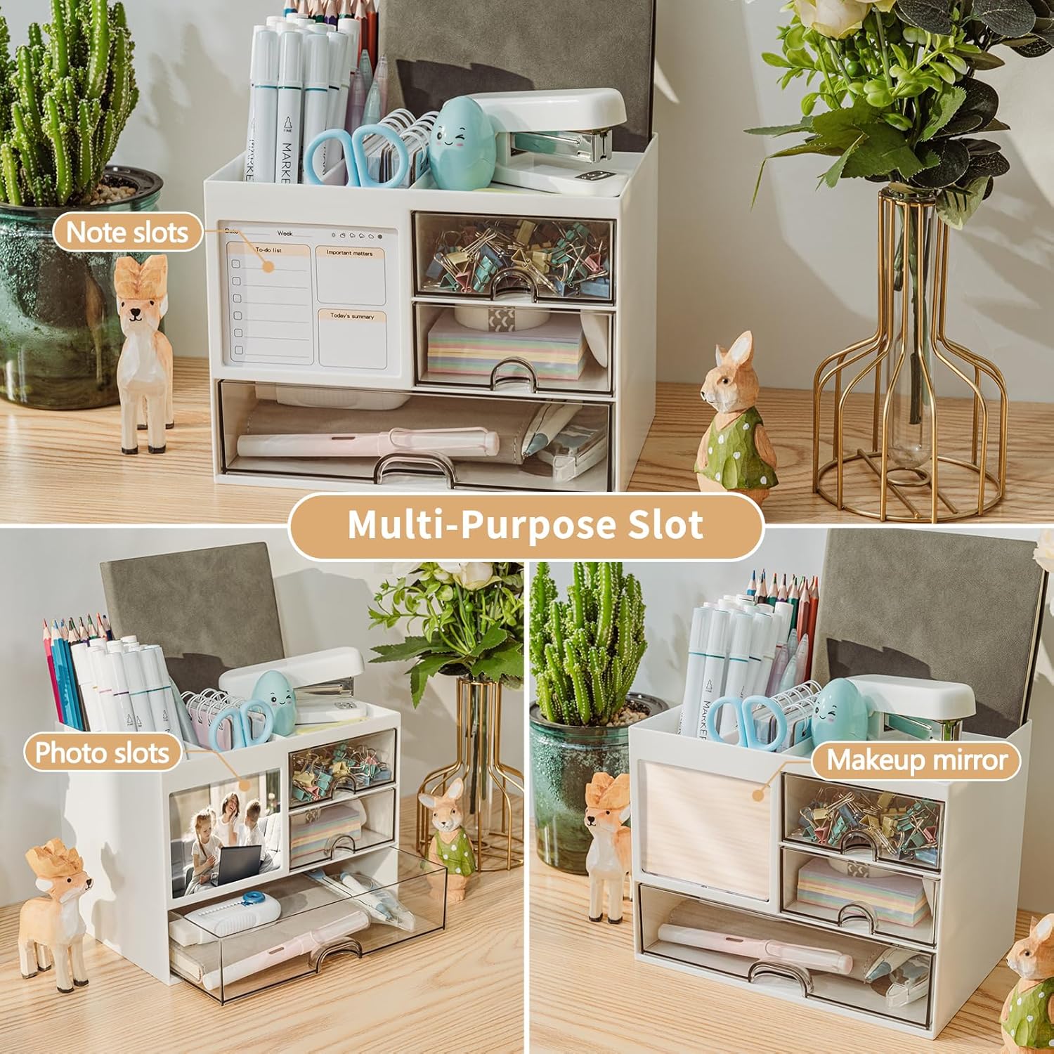 Thumbnail 3 de RISEMART Desk Organiser with 3 Drawers (White) – large desktop tidy for stationery, notes and personal items