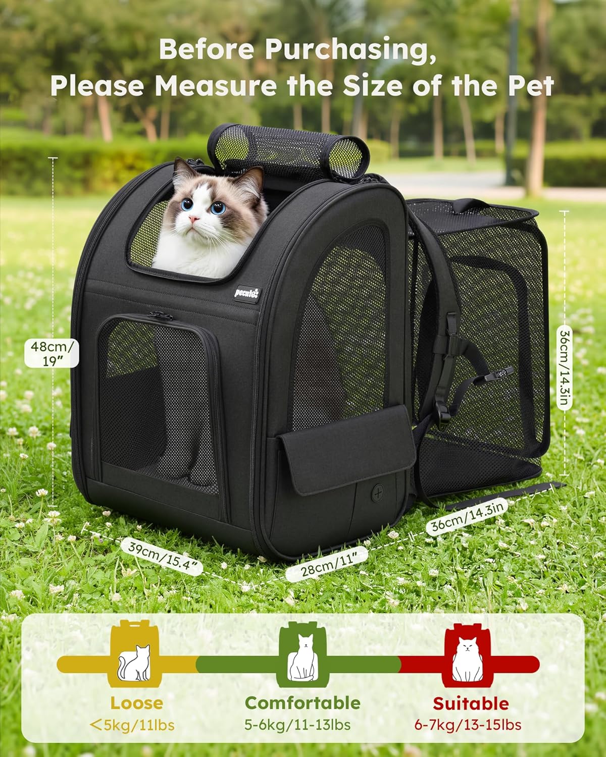 Detalle de Pecute Hunderucksack Erweiterbar XL für 6–10 kg, faltbarer Katzenrucksack mit Anti-offener Reißverschluss und Netzfenster (Grau)