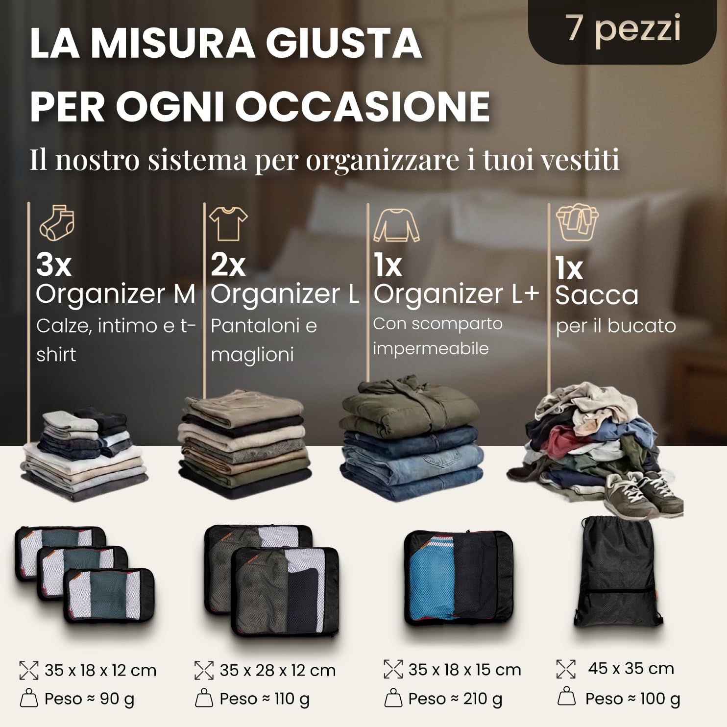 Thumbnail 4 de LOONARA Sacchetti compressibili per valigie e zaini – 7 pezzi, Cubi compressibili per viaggio (Azzurro Mariner Blu)