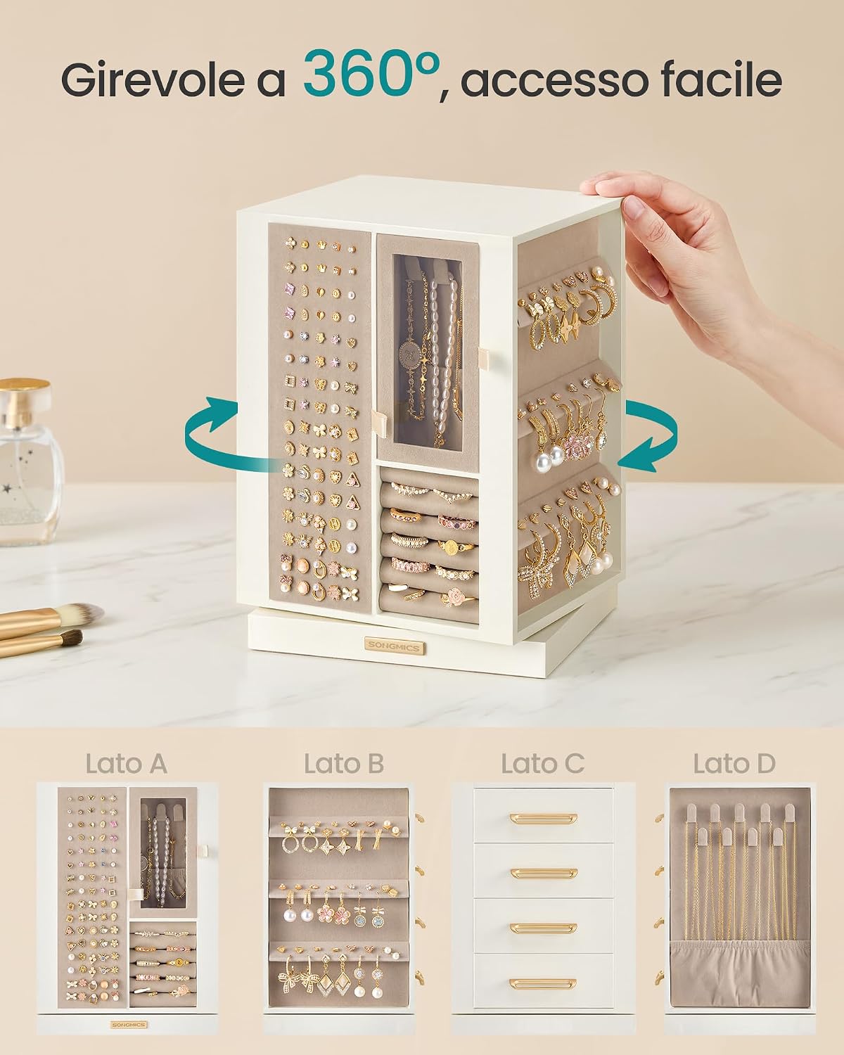 Detalle de SONGMICS Scatola Portagioie Girevole 360° JBC211WD01 — 4 Cassetti, Bianco Crema