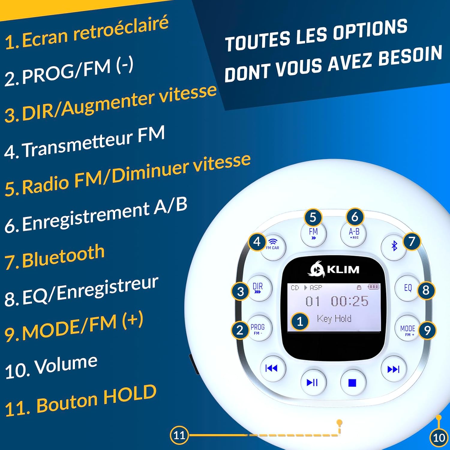 Detalle de KLIM Journey : lecteur CD portable Walkman blanc avec Bluetooth, radio FM et batterie