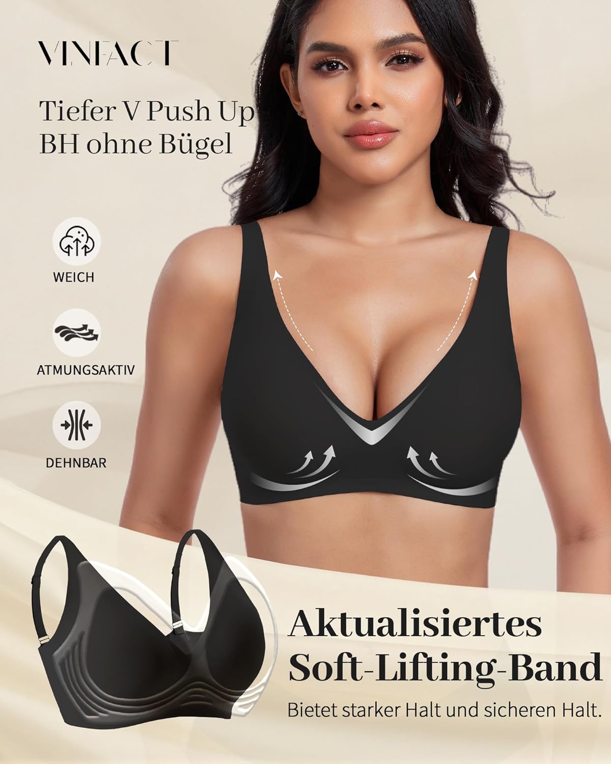 Thumbnail 1 de Vinfact Tiefer-V Nahtloser Push-up BH ohne Bügel für Damen – T-Shirt & Schlaf-BH (55% Nylon/45% Elasthan)