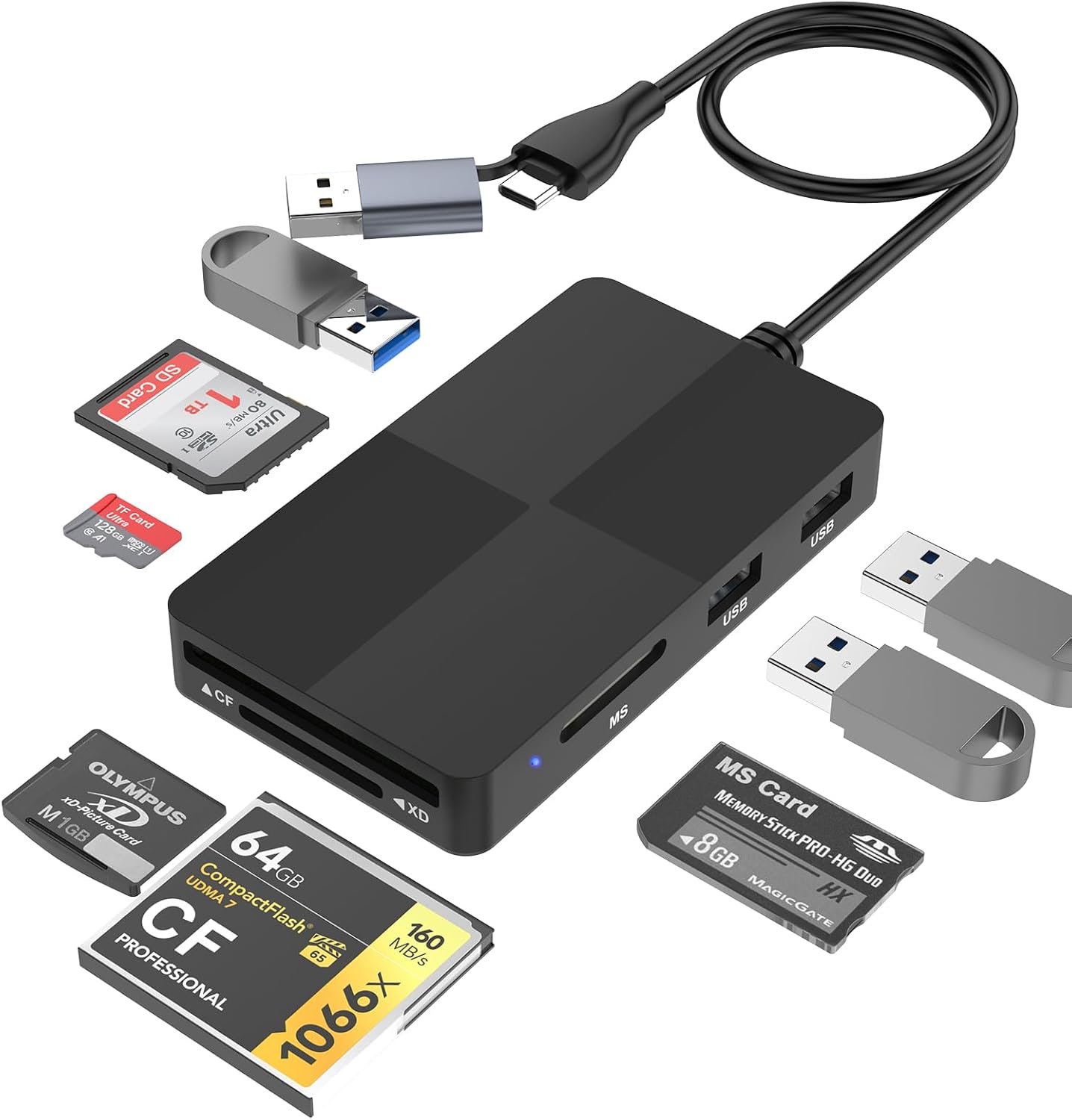 Detalle de USB-C USB-3.0 Multi-Kartenleser (8-in-2) Hub-Adapter für SD/TF/CF/XD/MS – 3×USB 3.0 + Kartenleser