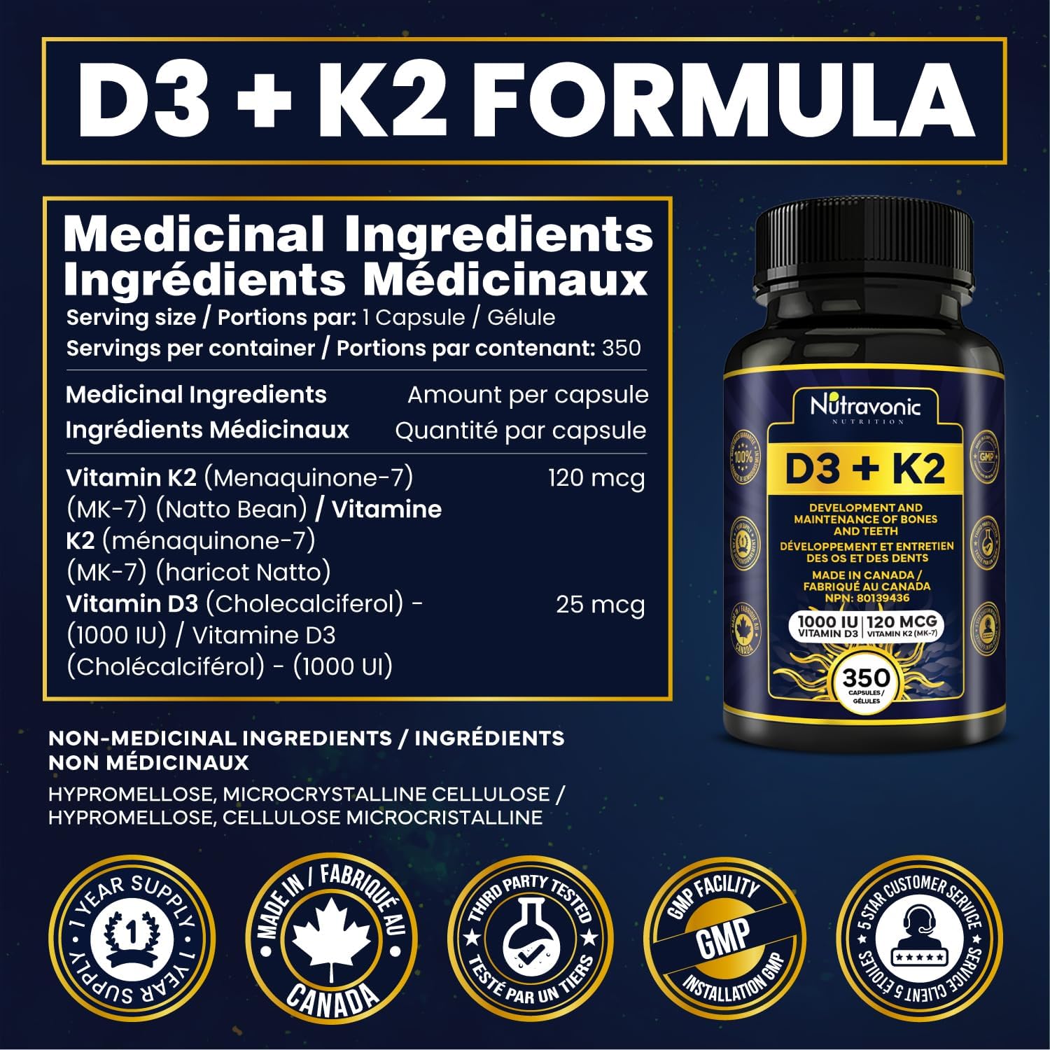 Detalle 2 de Nutravonic Nutrition Vitamin D3 + K2, 1,000 IU, MK-7, 350 Capsules