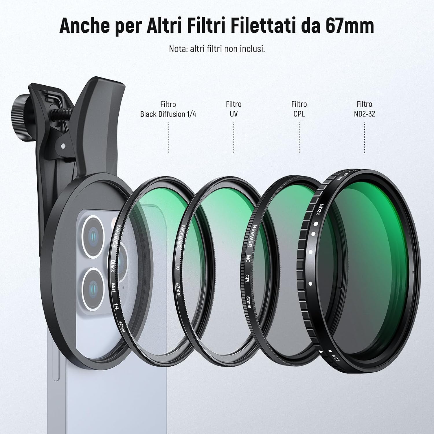 Thumbnail 5 de NEEWER kit filtro 2in1 67mm CPL + Black Diffusion 1/4 con clip per smartphone