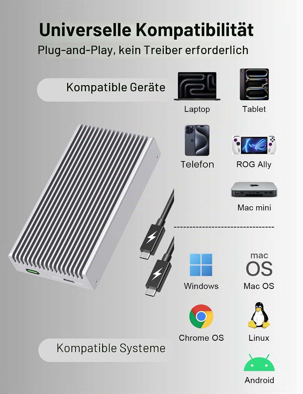 Detalle 2 de GEWOKLIY MC40-Silver: Geräuschloses 40 Gbit/s M.2 NVMe Gehäuse für Thunderbolt 4/3