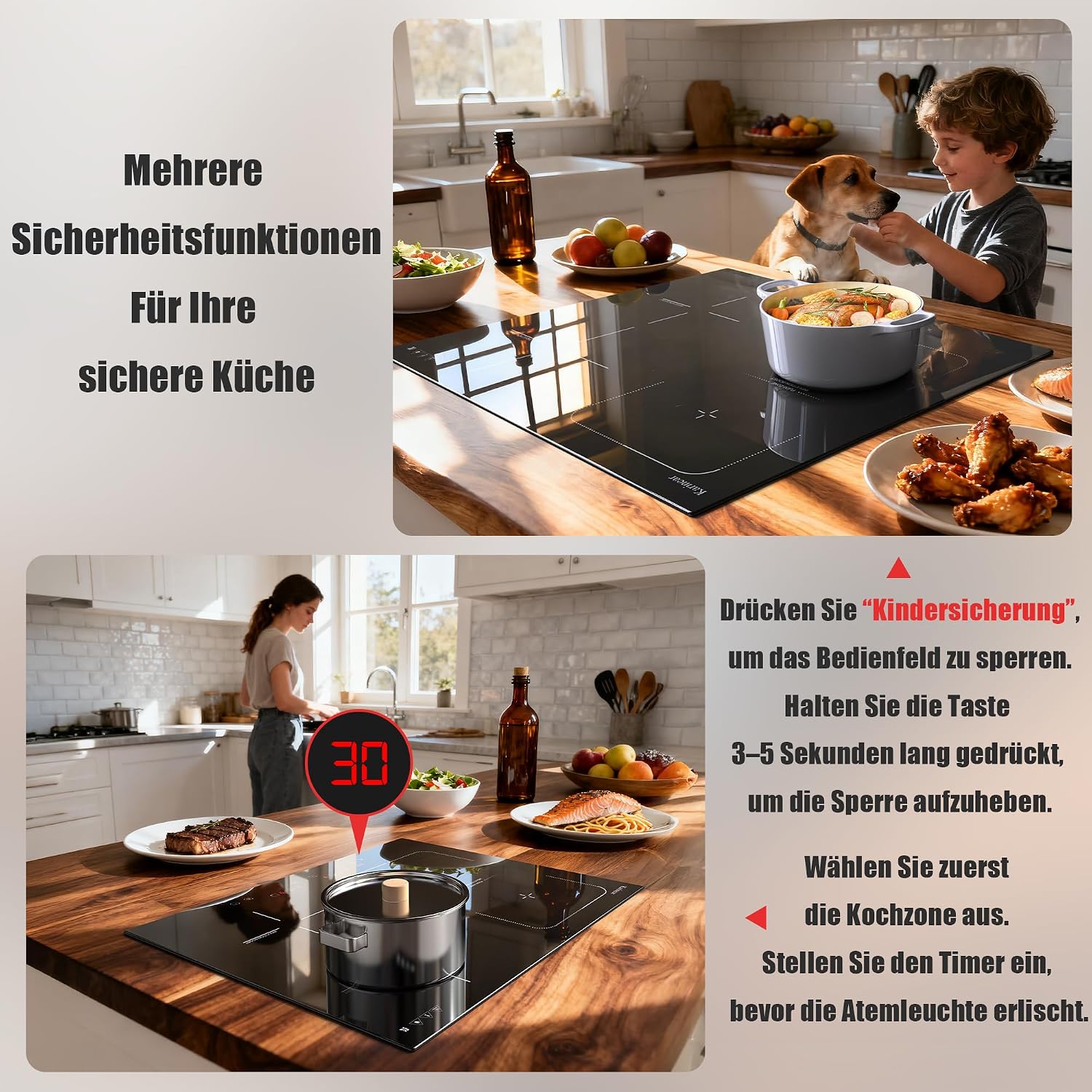 Detalle 2 de Karinear Induktionskochfeld 60 cm 7200W mit Flexzone – 4 Platten, Touchscreen & Sicherheit