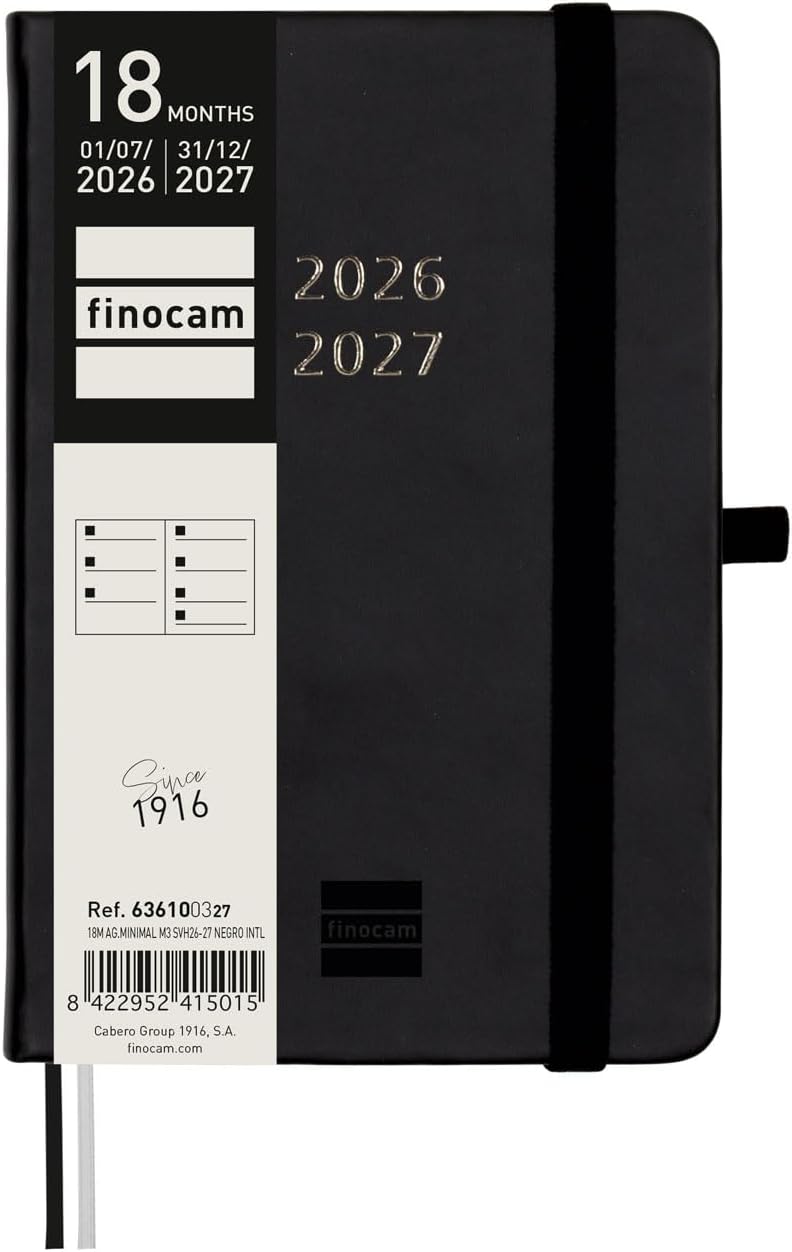 Detalle de Finocam Mínimal 18-månaders veckokalender, svart med liggande veckovy