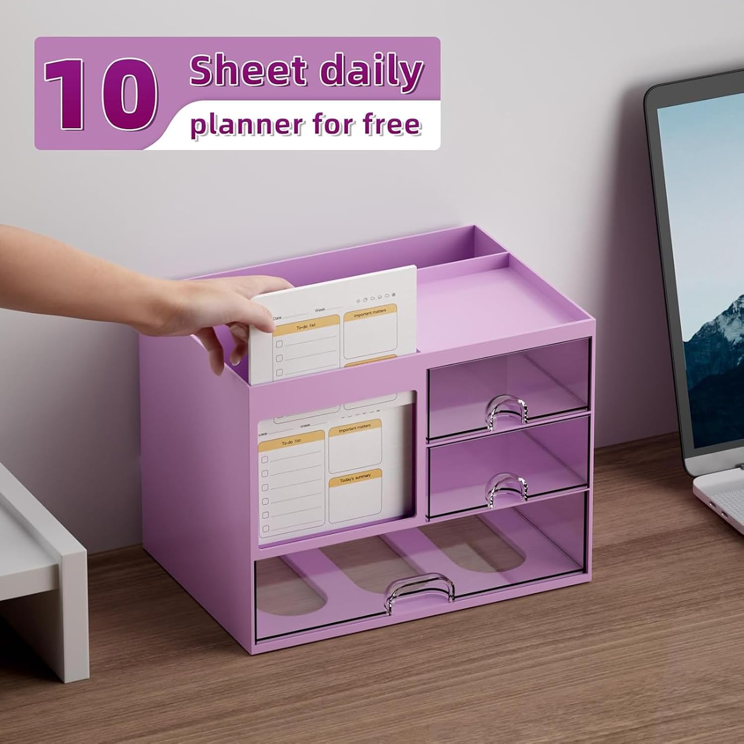 Detalle de Marbrasse Schreibtisch Organizer mit 3 Schubladen – violett, große Kapazität, 20,32 × 14,23 × 15,5 cm