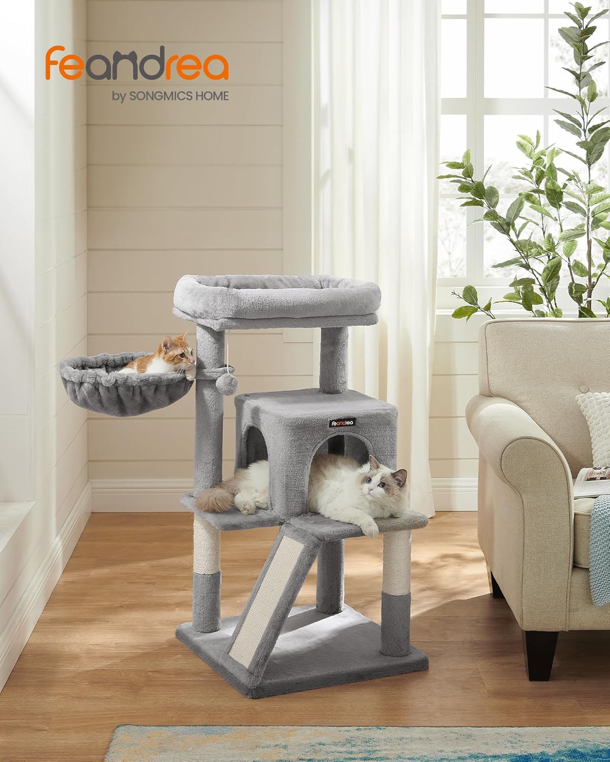 Detalle de Feandrea Kratzbaum 96 cm hoch – großer Katzenbaum mit Höhle, Hängematte und Kratzrampe