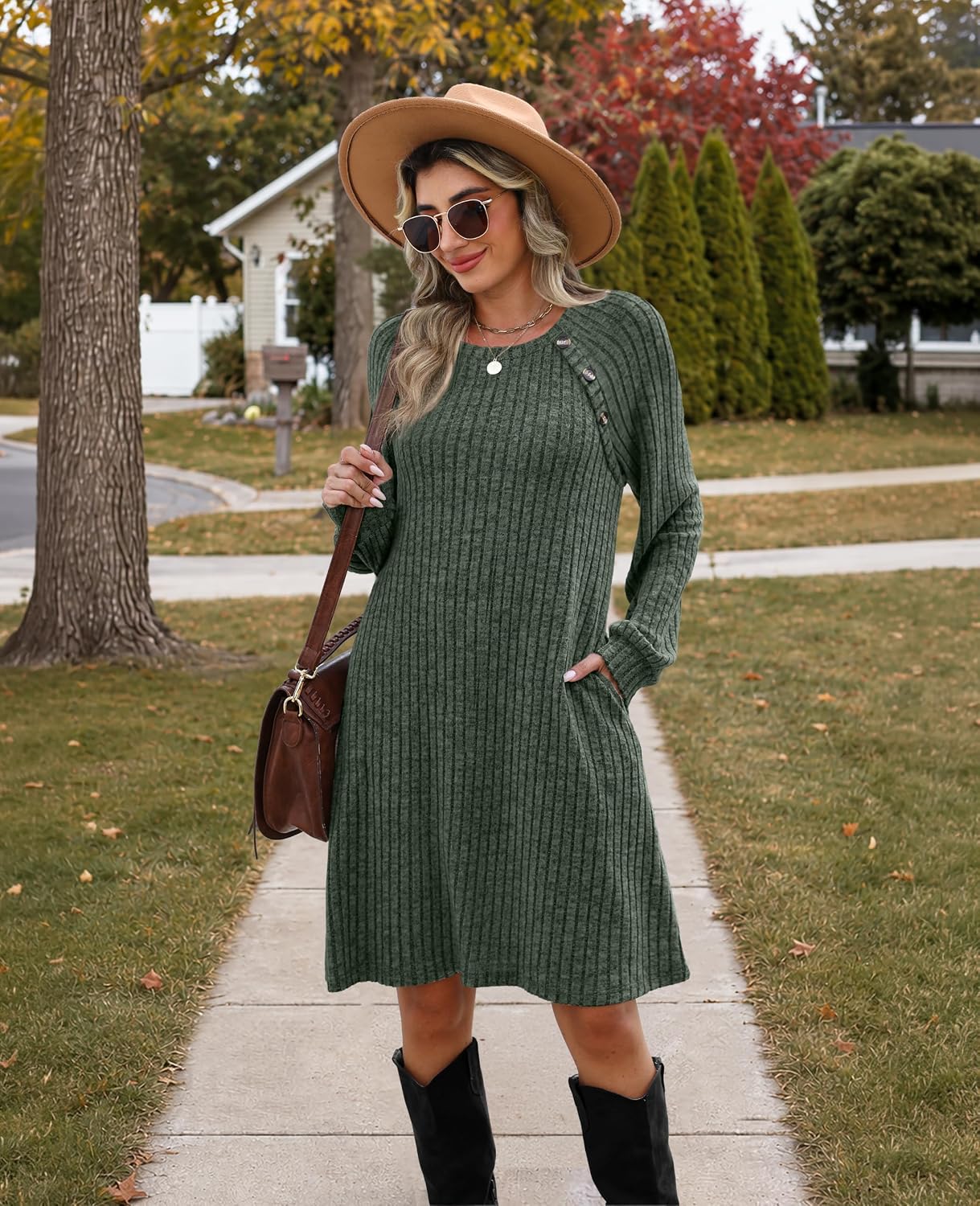 Thumbnail 2 de OFEEFAN OFE-WDR9356 Women's Ribbed Knit Dress with Pockets and Button Detail